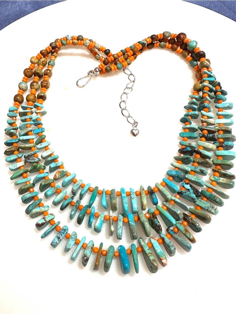 Jay King 3 Strand Turquoise Chip with Orange Coral Sterling Silver Necklace